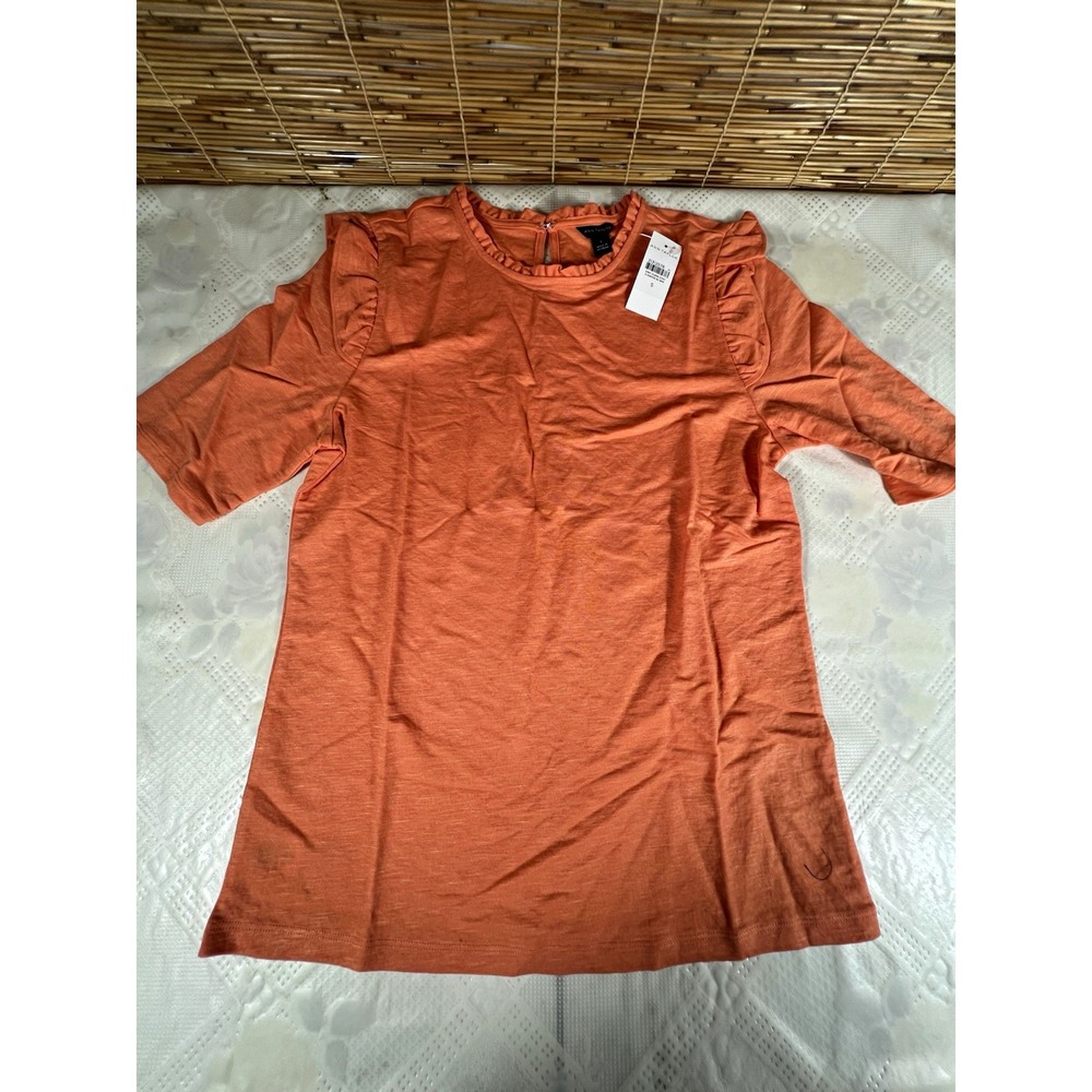 Womens Ann Taylor Orange Solid Knit Crew Neck Short Sleeve Ruffle Top Size S